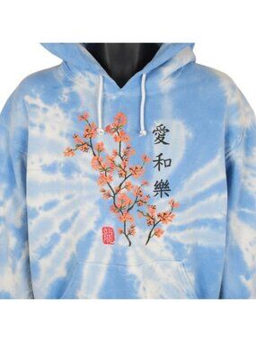 Cherry Blossoms Sweatshirt Hoodie Mens Size Medium Blue Chinese Love And Joy